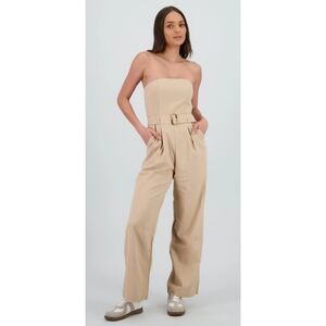 NWT Monteu Los Angeles Linen Bkend Elegant Tan Strapless Jumpsuit Size Xs
